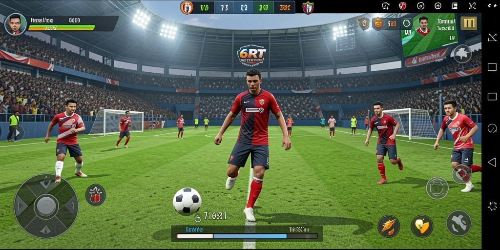 Tampilan gameplay seru di 6RT dengan aksi sepak bola yang mendebarkan.