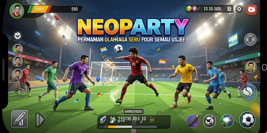 Screenshot utama NEOPARTY menampilkan aksi seru permainan olahraga.